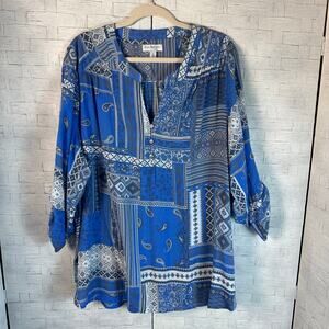 KIM Rogers curvy oversized blouse peasant style blue white paisley plus size